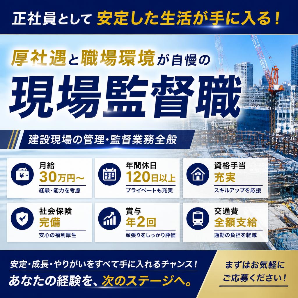 正社員として安定した生活が手に入る！ 厚待遇と職場環境が自慢の現場監督職