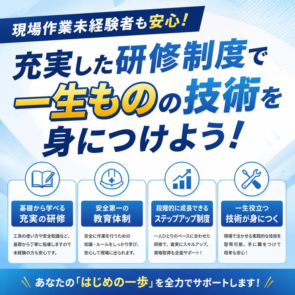 現場作業未経験者も安心！充実した研修制度で一生ものの技術を身につけよう！