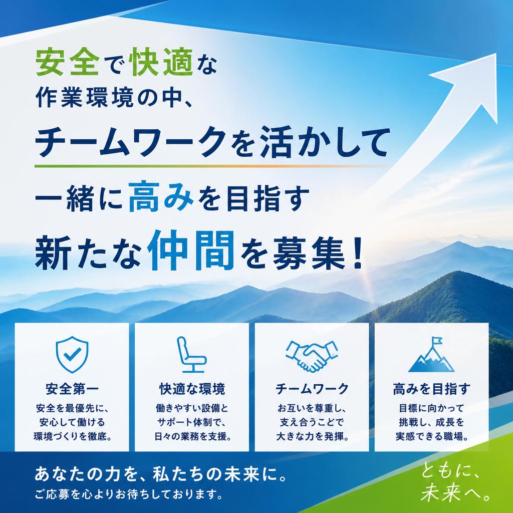 安全で快適な作業環境の中、チームワークを活かして一緒に高みを目指す新たな仲間を募集！
