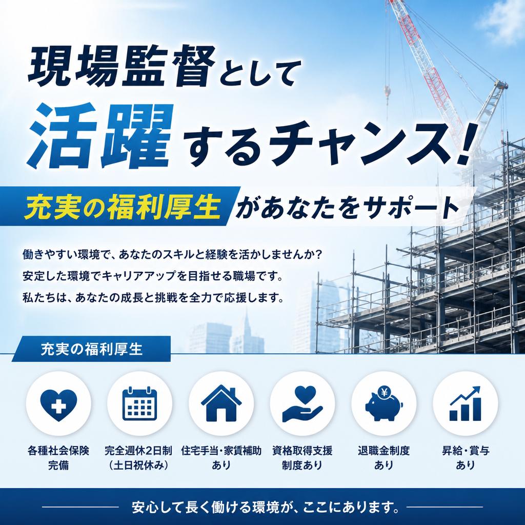 現場監督として活躍するチャンス！充実の福利厚生があなたをサポート